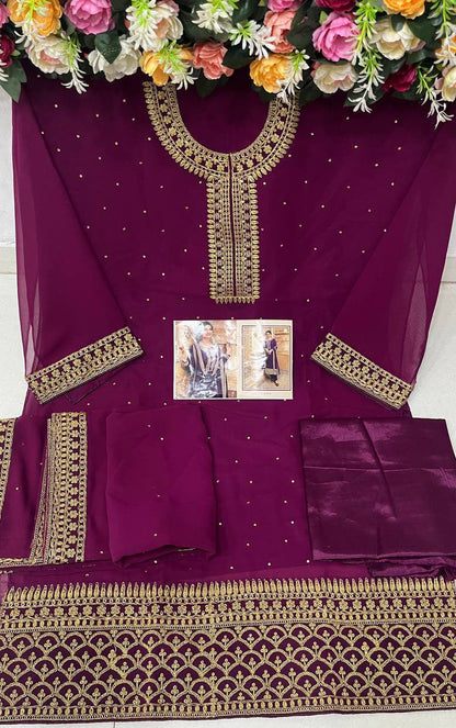 Maroon Pakistani Women's Embroidered Silk Georgette with Santoon Inner & Embroidered Silk Georgette Dupatta and Bottom- Salwar Suit Material
