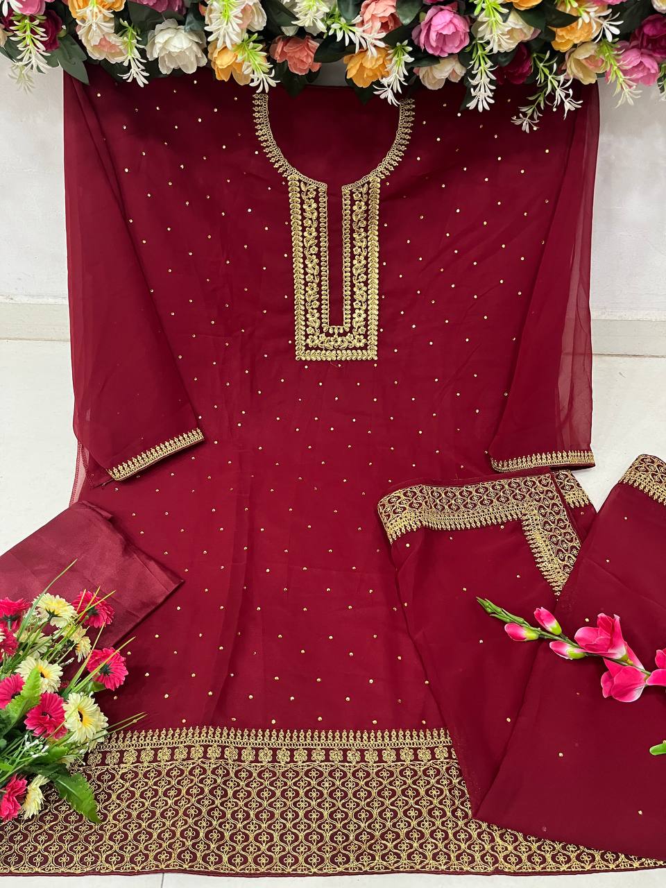 Wine Pakistani Women's Embroidered Silk Georgette with Santoon Inner & Embroidered Silk Georgette Dupatta and Bottom- Salwar Suit Material