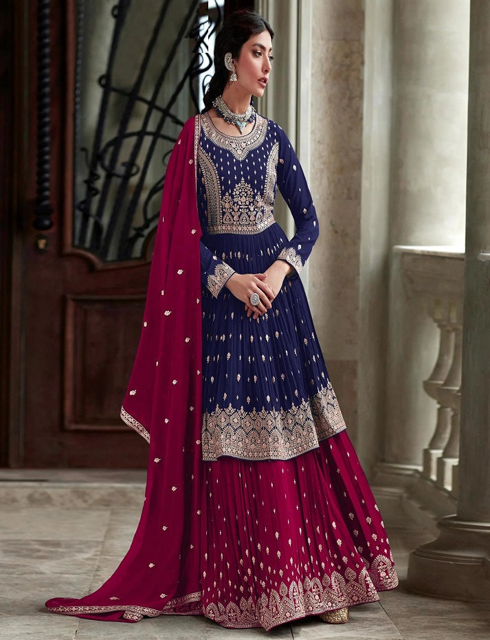Beautiful Rama Anarkali Style Shalwar Kameez Lengha Suits Embroidery Sequence Worked Designer Hand Made Salwar Kameez Dupatta Dress