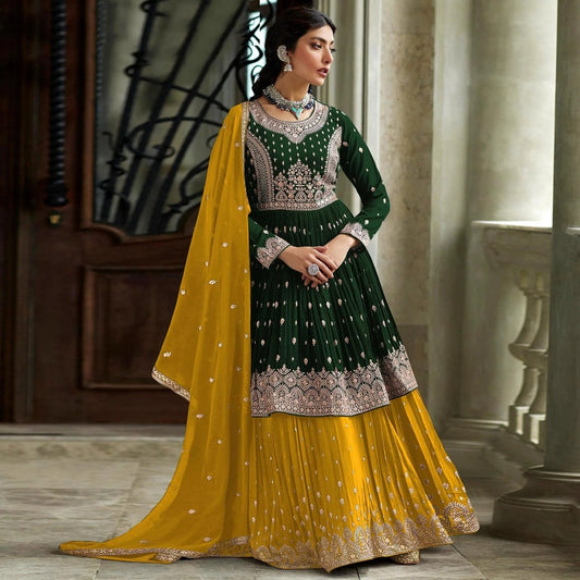 Beautiful Green Anarkali Style Shalwar Kameez Lengha Suits Embroidery Sequence Worked Designer Hand Made Salwar Kameez Dupatta Dress