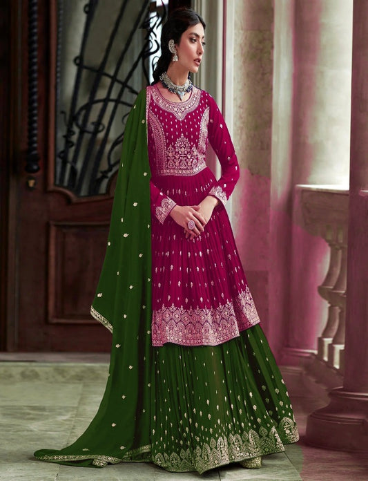 Beautiful Pink Mehendi Anarkali Style Shalwar Kameez Lengha Suits Embroidery Sequence Worked Designer Hand Made Salwar Kameez Dupatta Dress