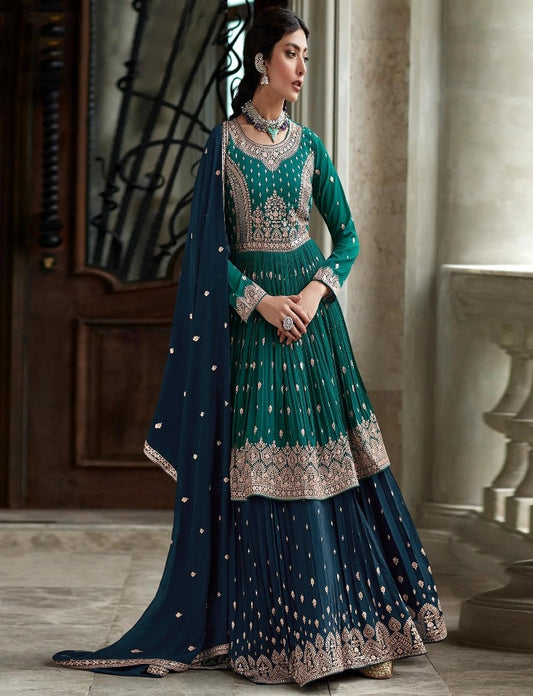 Beautiful Rama Anarkali Style Shalwar Kameez Lengha Suits Embroidery Sequence Worked Designer Hand Made Salwar Kameez Dupatta Dress