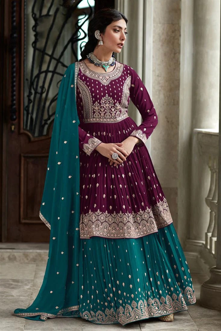 Beautiful Rama Anarkali Style Shalwar Kameez Lengha Suits Embroidery Sequence Worked Designer Hand Made Salwar Kameez Dupatta Dress