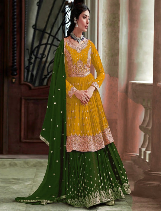 Beautiful Yellow Anarkali Style Shalwar Kameez Lengha Suits Embroidery Sequence Worked Designer Hand Made Salwar Kameez Dupatta Dress