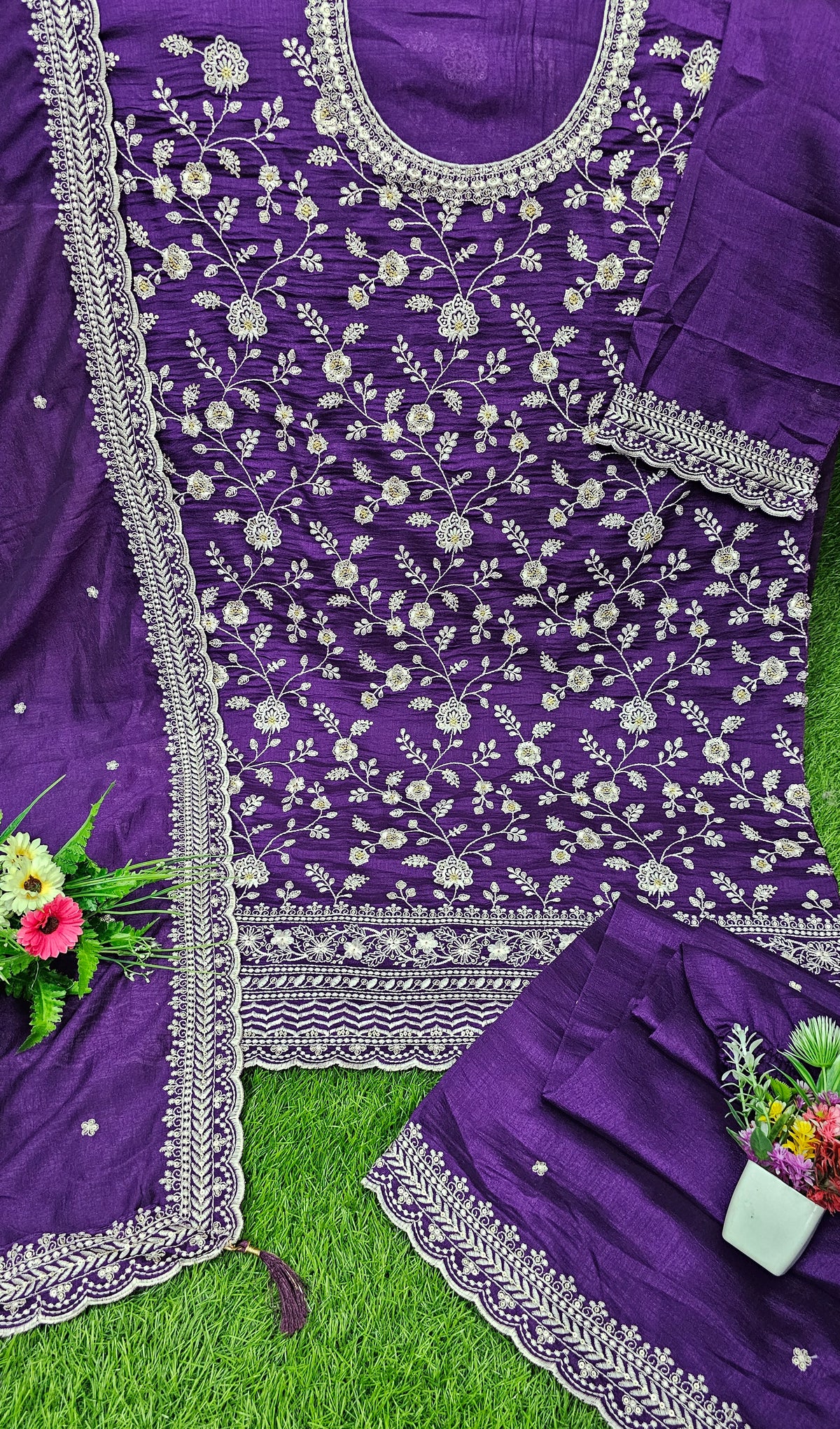 Beautiful Vichitra Silk Sequence Embroidery Multi Purpose Semi-Stitched Pakistani Sharara Suit Material