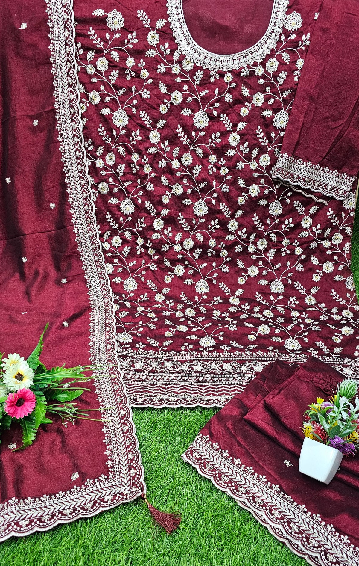 Beautiful Vichitra Silk Sequence Embroidery Multi Purpose Semi-Stitched Pakistani Sharara Suit Material