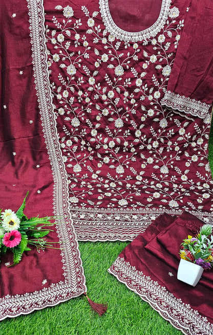 Beautiful Vichitra Silk Sequence Embroidery Multi Purpose Semi-Stitched Pakistani Sharara Suit Material