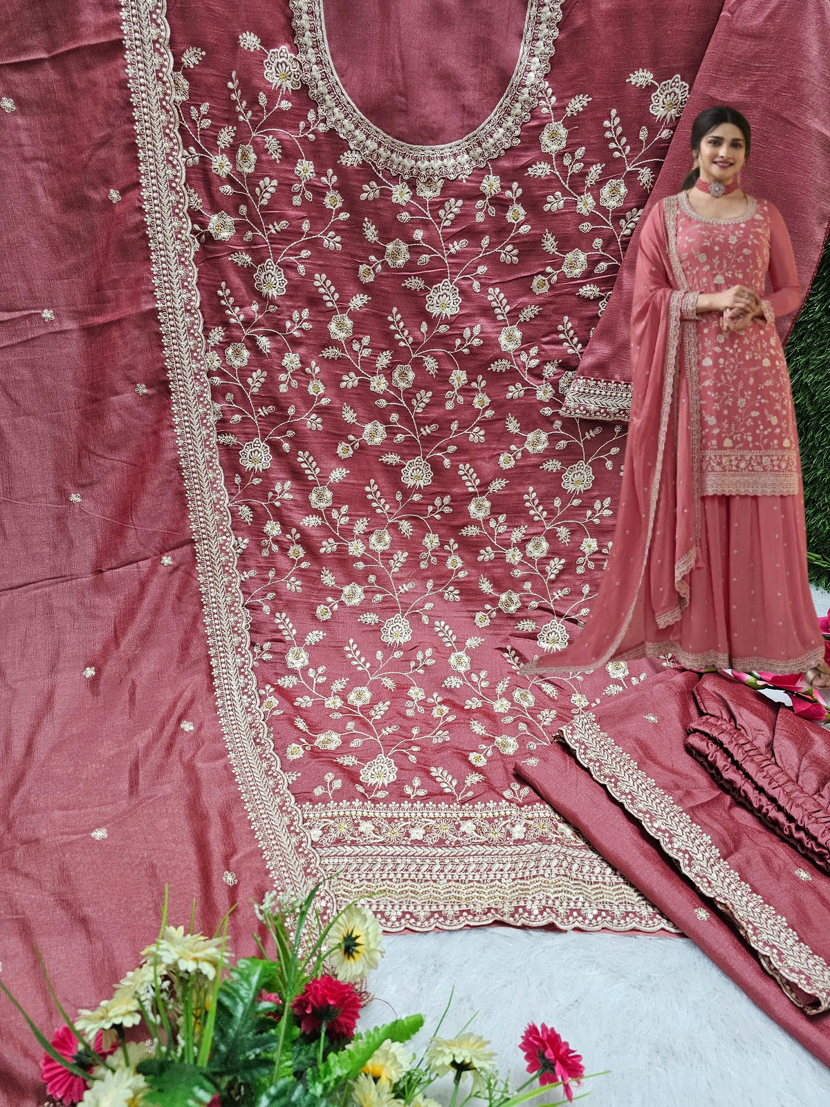 Beautiful Vichitra Silk Sequence Embroidery Multi Purpose Semi-Stitched Pakistani Sharara Suit Material