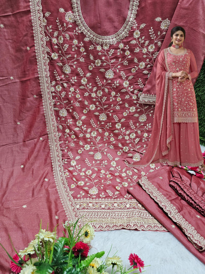 Beautiful Vichitra Silk Sequence Embroidery Multi Purpose Semi-Stitched Pakistani Sharara Suit Material