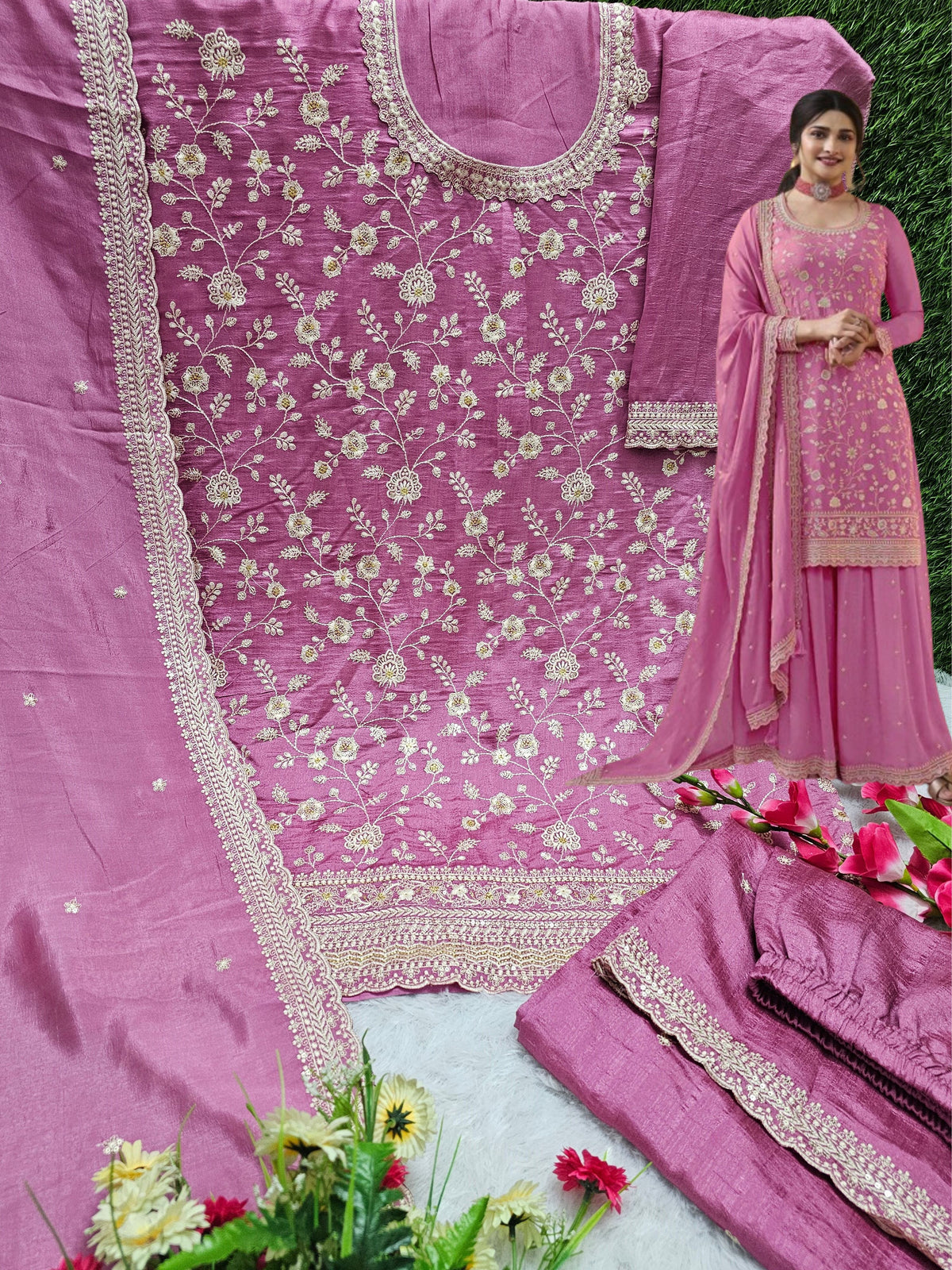 Beautiful Vichitra Silk Sequence Embroidery Multi Purpose Semi-Stitched Pakistani Sharara Suit Material