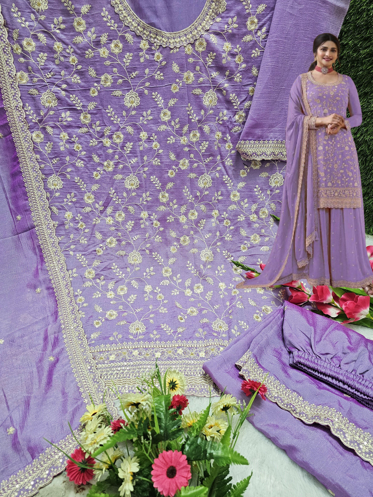 Beautiful Vichitra Silk Sequence Embroidery Multi Purpose Semi-Stitched Pakistani Sharara Suit Material