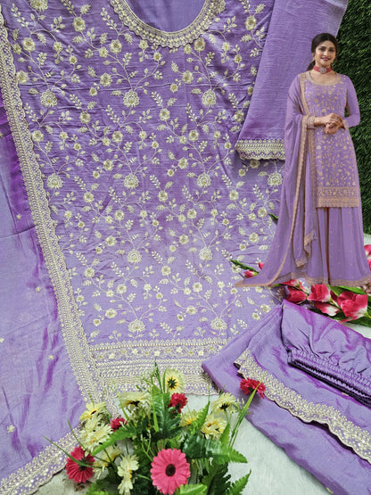 Beautiful Vichitra Silk Sequence Embroidery Multi Purpose Semi-Stitched Pakistani Sharara Suit Material