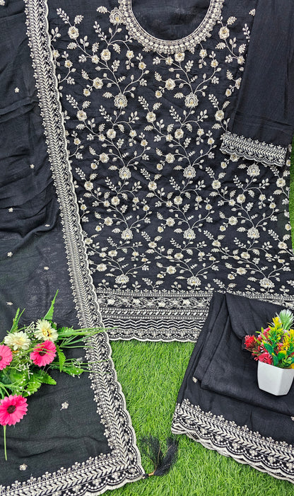 Beautiful Vichitra Silk Sequence Embroidery Multi Purpose Semi-Stitched Pakistani Sharara Suit Material