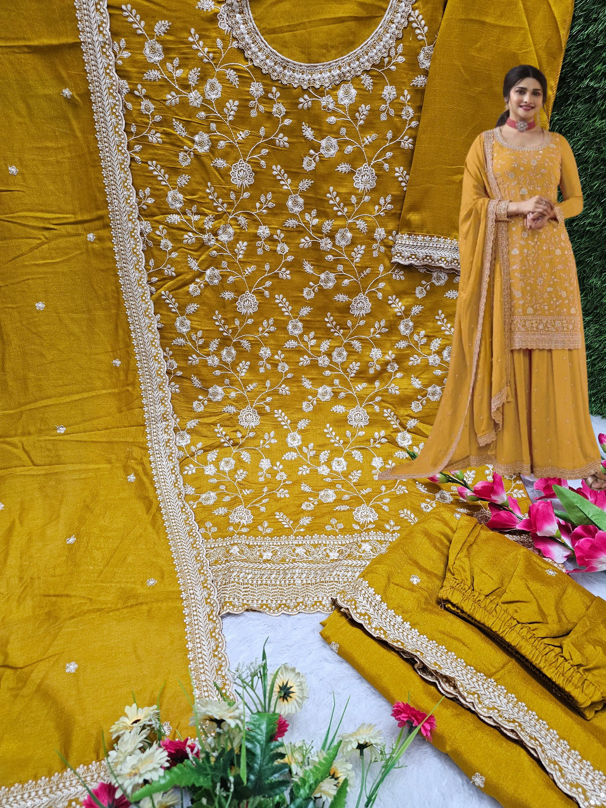 Beautiful Vichitra Silk Sequence Embroidery Multi Purpose Semi-Stitched Pakistani Sharara Suit Material