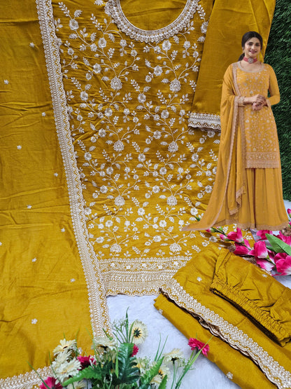 Beautiful Vichitra Silk Sequence Embroidery Multi Purpose Semi-Stitched Pakistani Sharara Suit Material