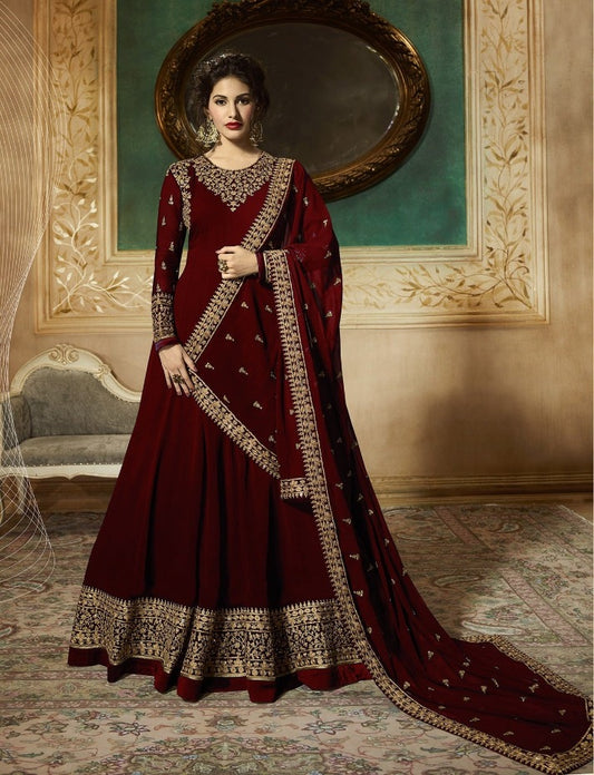 Maroon Indian Stylish Designer Bollywood Party Wear Anarkali Salwar Suit Dress Material Unstitched For Women