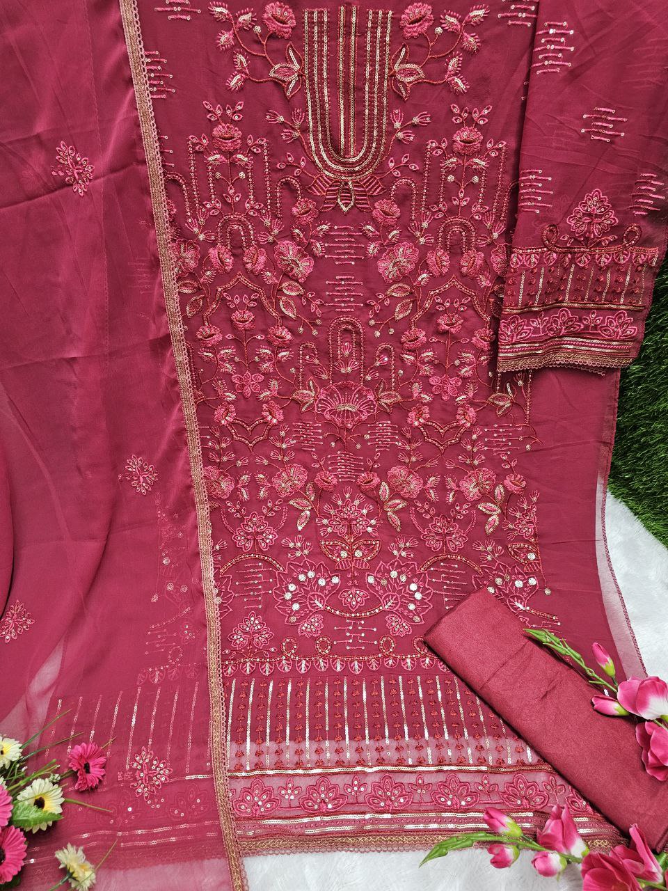 Attractive Georgette Sequence Embroidery Multi Purpose Semi-Stitched Pakistani Salwar Suit Material