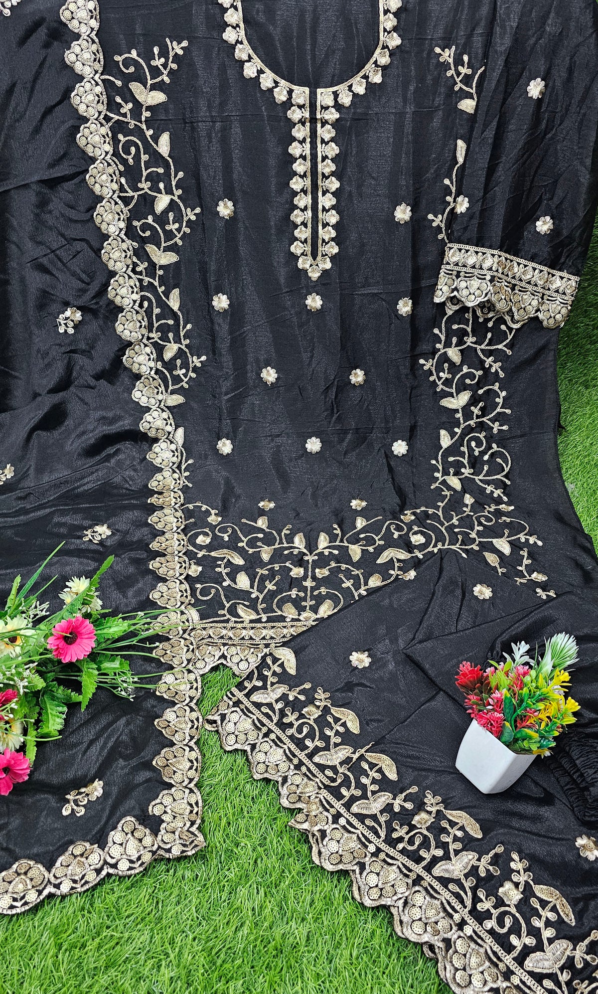 Exclusive And Designer Chinon Coding Sequence Embroidery Work Wonderful Semi-Stitched Sharara Suit