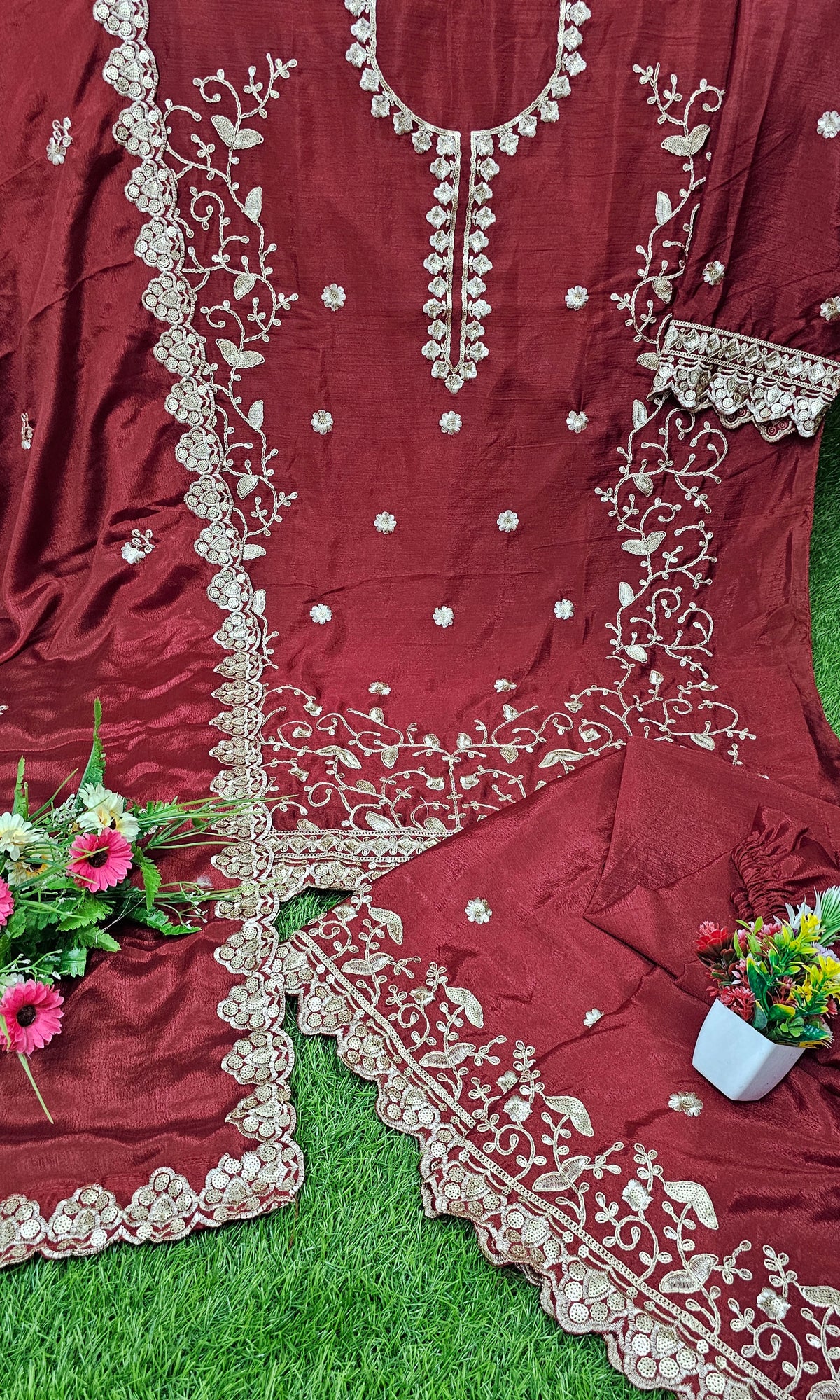 Exclusive And Designer Chinon Coding Sequence Embroidery Work Wonderful Semi-Stitched Sharara Suit