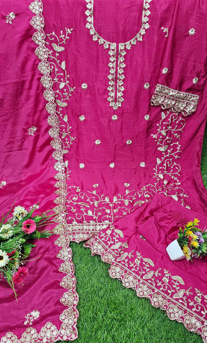 Exclusive And Designer Chinon Coding Sequence Embroidery Work Wonderful Semi-Stitched Sharara Suit