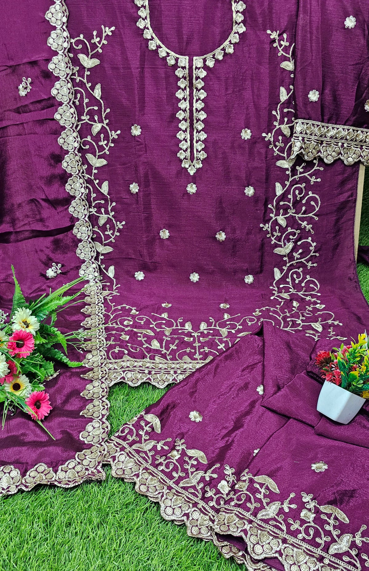 Exclusive And Designer Chinon Coding Sequence Embroidery Work Wonderful Semi-Stitched Sharara Suit