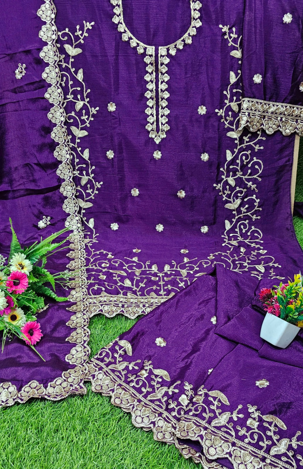 Exclusive And Designer Chinon Coding Sequence Embroidery Work Wonderful Semi-Stitched Sharara Suit