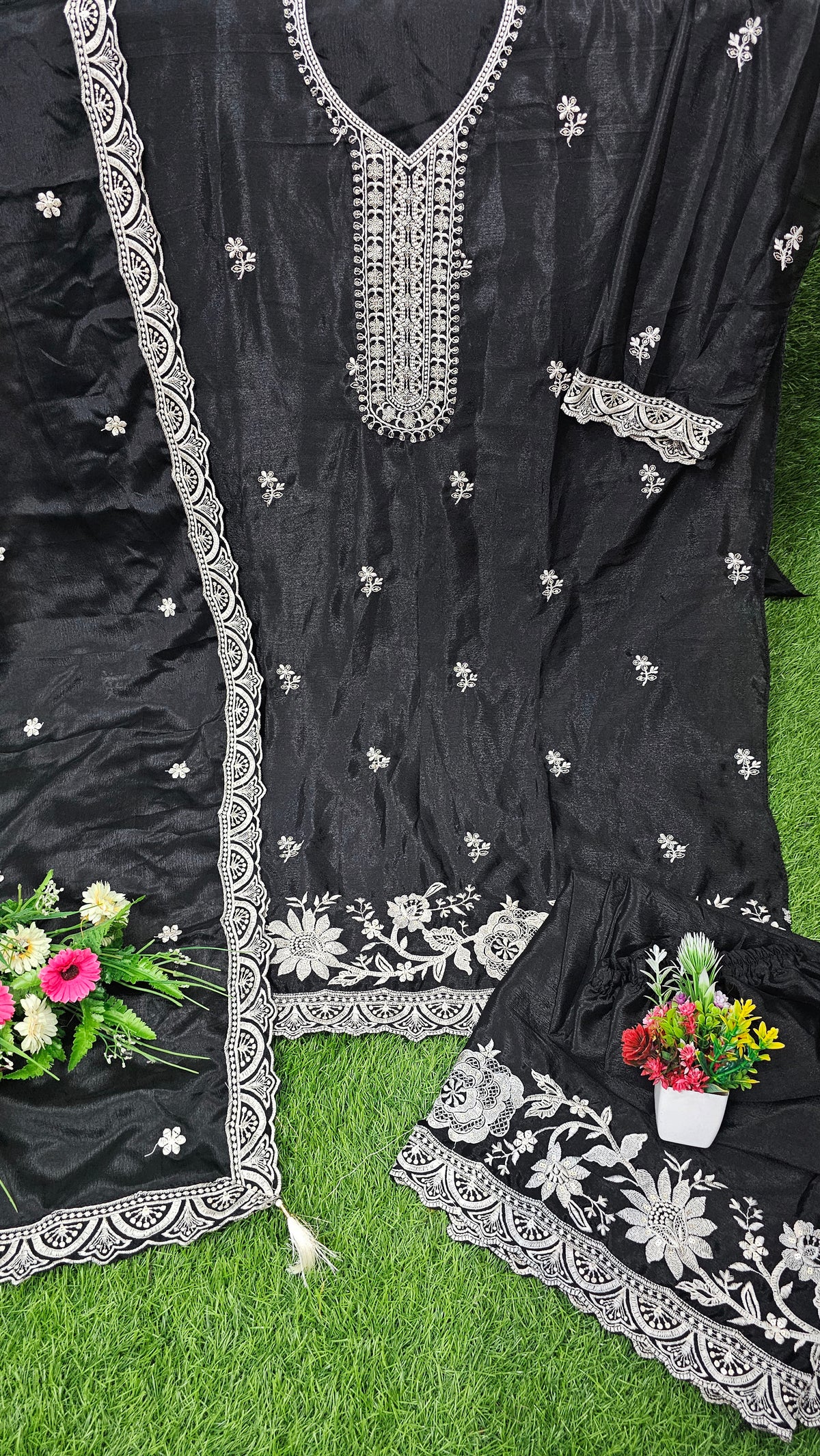 Trending Pakistani Suit Chinon Sequence Embroidery Work Wonderful Semi-Stitched Sharara Suit