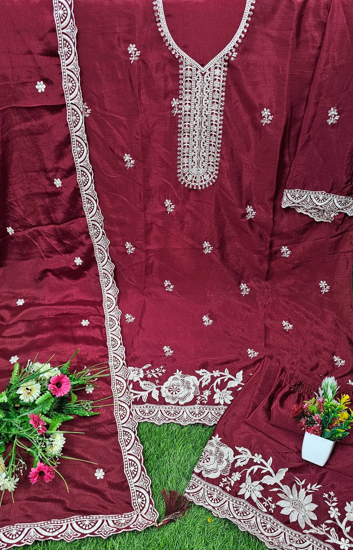 Trending Pakistani Suit Chinon Sequence Embroidery Work Wonderful Semi-Stitched Sharara Suit