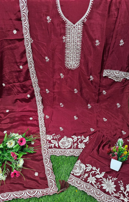 Trending Pakistani Suit Chinon Sequence Embroidery Work Wonderful Semi-Stitched Sharara Suit