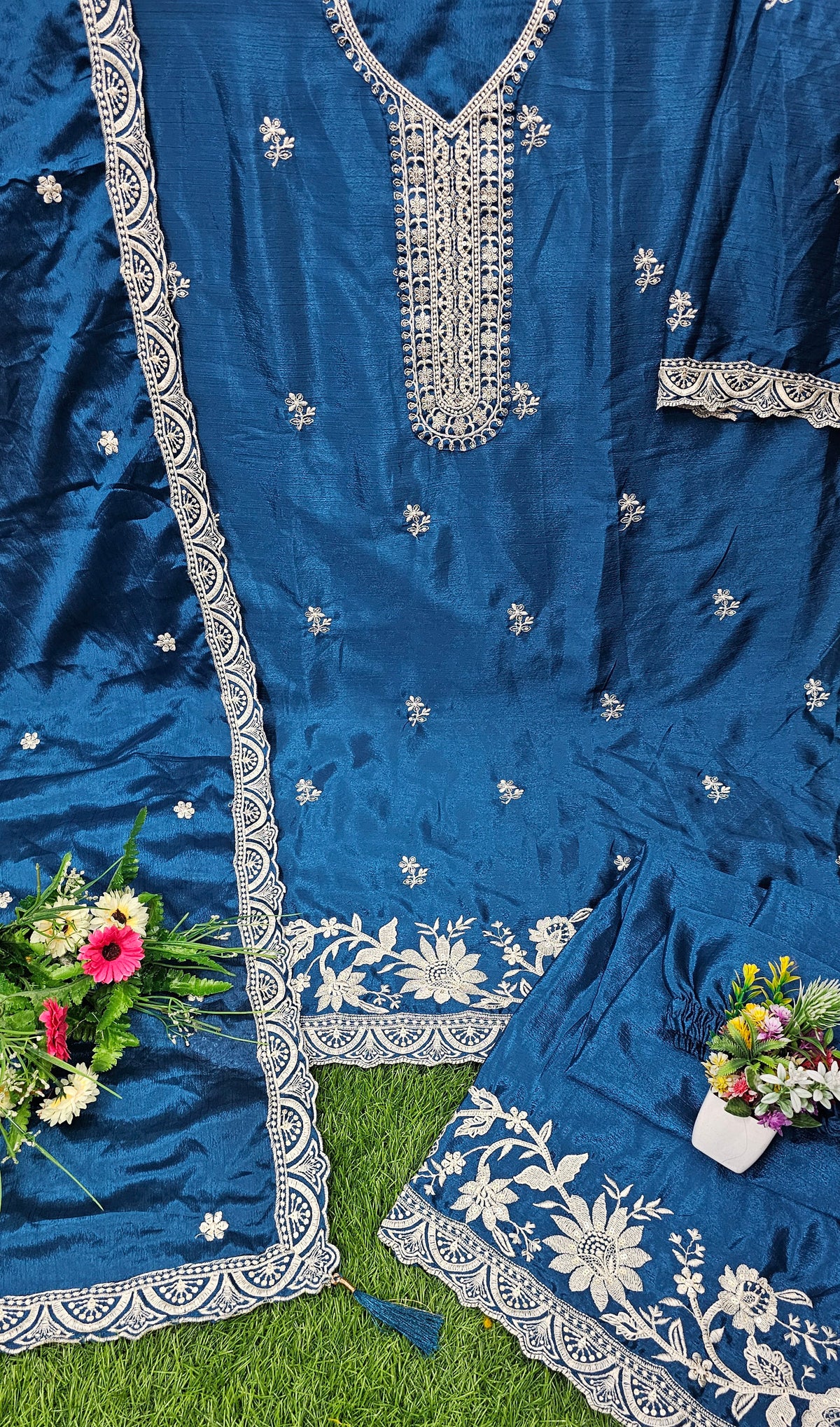 Trending Pakistani Suit Chinon Sequence Embroidery Work Wonderful Semi-Stitched Sharara Suit