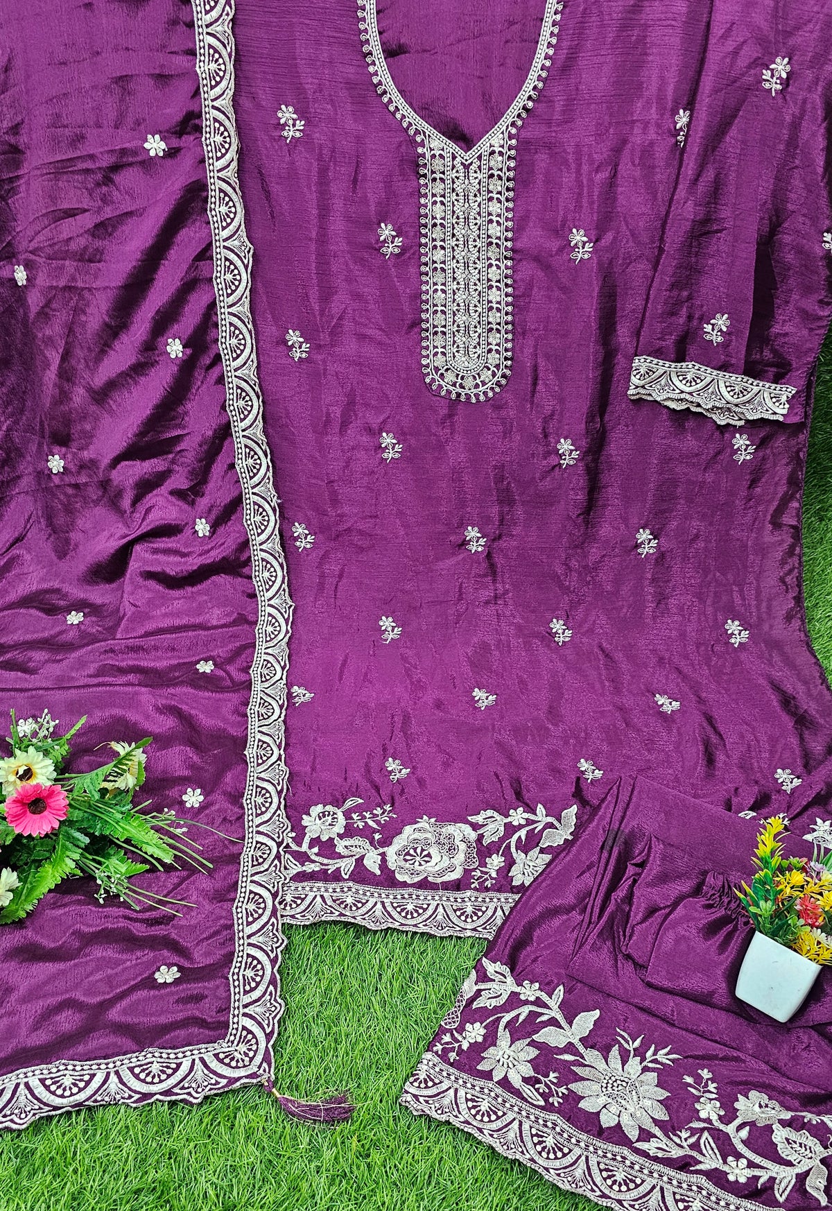 Trending Pakistani Suit Chinon Sequence Embroidery Work Wonderful Semi-Stitched Sharara Suit