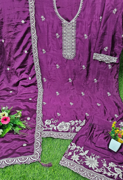 Trending Pakistani Suit Chinon Sequence Embroidery Work Wonderful Semi-Stitched Sharara Suit
