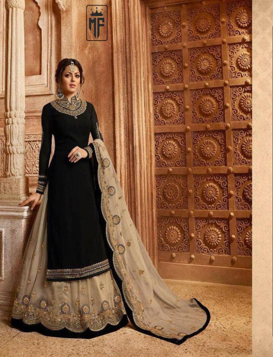 Foux Georgette Black Embroidered Anarkali Lehenga Suit Salwar Suit Gown for women Semi-Stitched Top and Duppata With Lehenga
