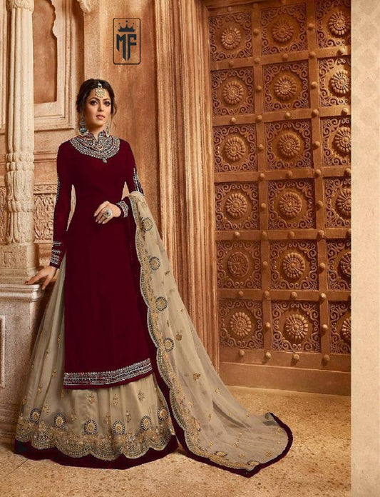 Foux Georgette Maroon Embroidered Anarkali Lehenga Suit Salwar Suit Gown for women Semi-Stitched Top and Duppata With Lehenga