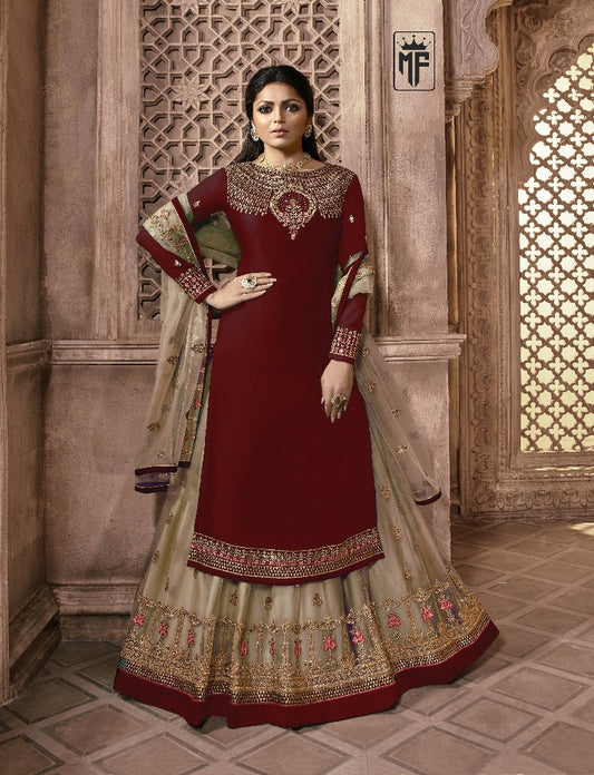Maroon Designer Georgette Butterfly Net Ghaghara Style Salwar Suit By Dealbazaars For Womens