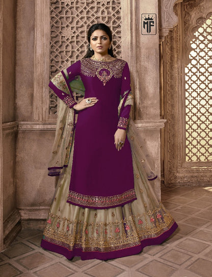 Wine Designer Georgette Butterfly Net Ghaghara Style Salwar Suit By Dealbazaars For Womens