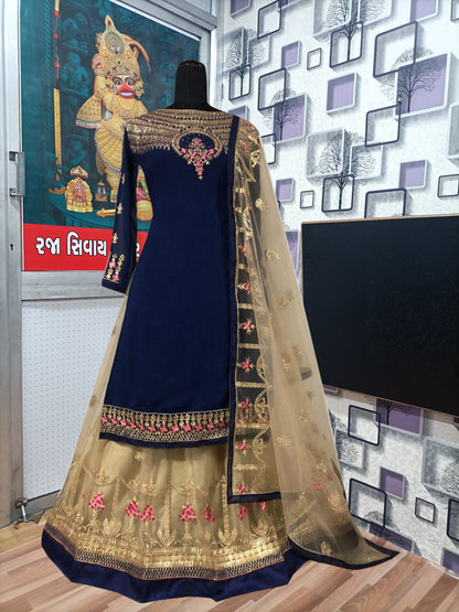Green Designer Georgette Butterfly Net Ghaghara Style Salwar Suit By Dealbazaars For Womens