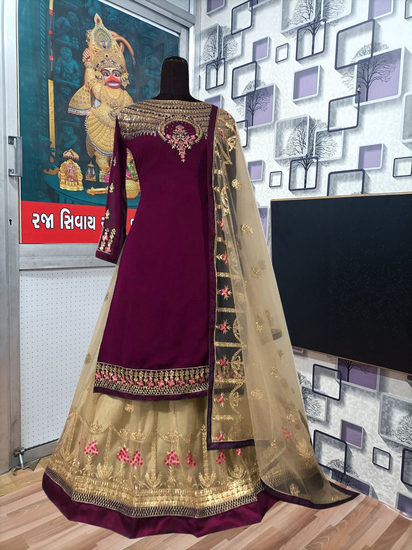 Wine Designer Georgette Butterfly Net Ghaghara Style Salwar Suit By Dealbazaars For Womens