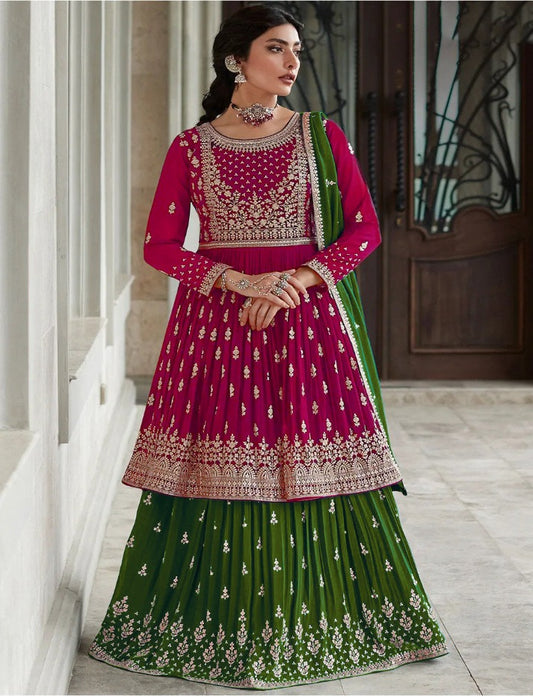 Beautiful Pink Mehendi Anarkali Style  Shalwar Kameez Lehenga Suit Embroidery Sequence Work Designer Salwar Kameez Dupatta Dress for Women's Wear