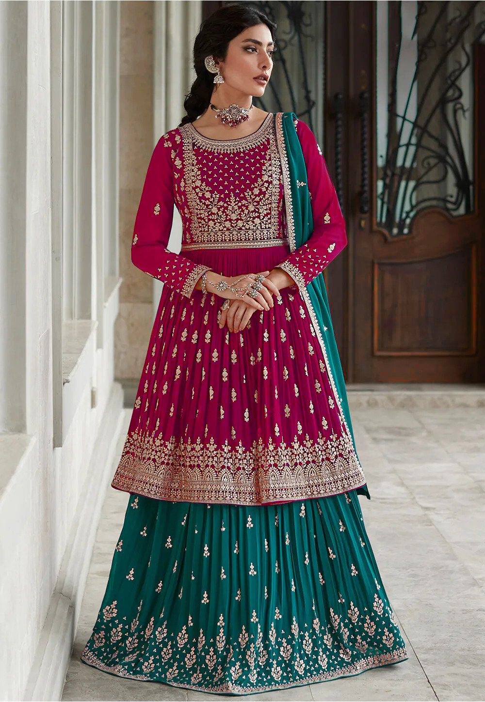 Pastel Green Lakhnavi Jacket Style Anarkali Suit With Lehenga – LIBAS CAFE