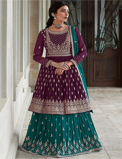 Beautiful Rama Anarkali Style  Shalwar Kameez Lehenga Suit Embroidery Sequence Work Designer Salwar Kameez Dupatta Dress for Women's Wear