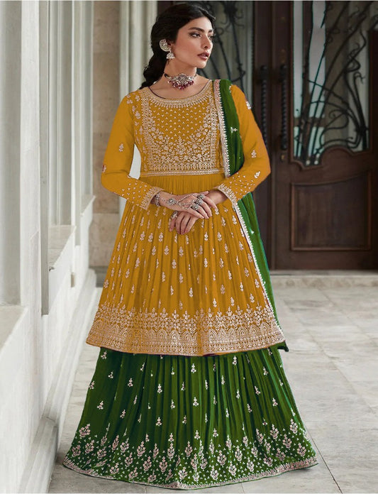 Beautiful Yellow Anarkali Style  Shalwar Kameez Lehenga Suit Embroidery Sequence Work Designer Salwar Kameez Dupatta Dress for Women's Wear