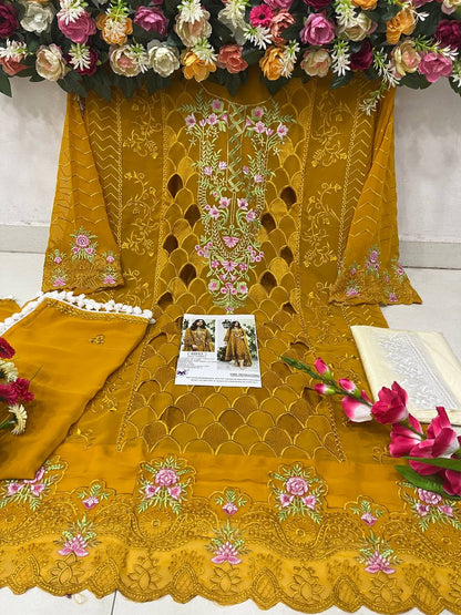 Yellow Womens Designer Party Wear Fox Georgette Pakistani Salwar Kameez With Duaptta