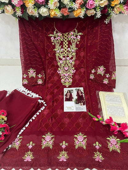 Wine Womens Designer Party Wear Fox Georgette Pakistani Salwar Kameez With Duaptta