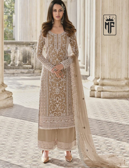 Beautiful Chiku White Floral Print Kurta Palazzo & Dupatta Set, Women Straight Kurta Pant Set, Pakistani 3 Piece Shalwar Kameez Readymade Set