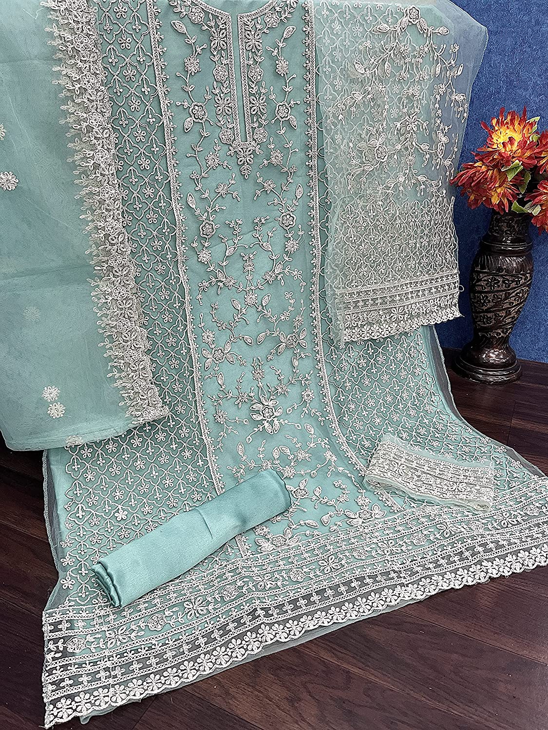 Beautiful Mehendi White Floral Print Kurta Palazzo & Dupatta Set, Women Straight Kurta Pant Set, Pakistani 3 Piece Shalwar Kameez Readymade Set