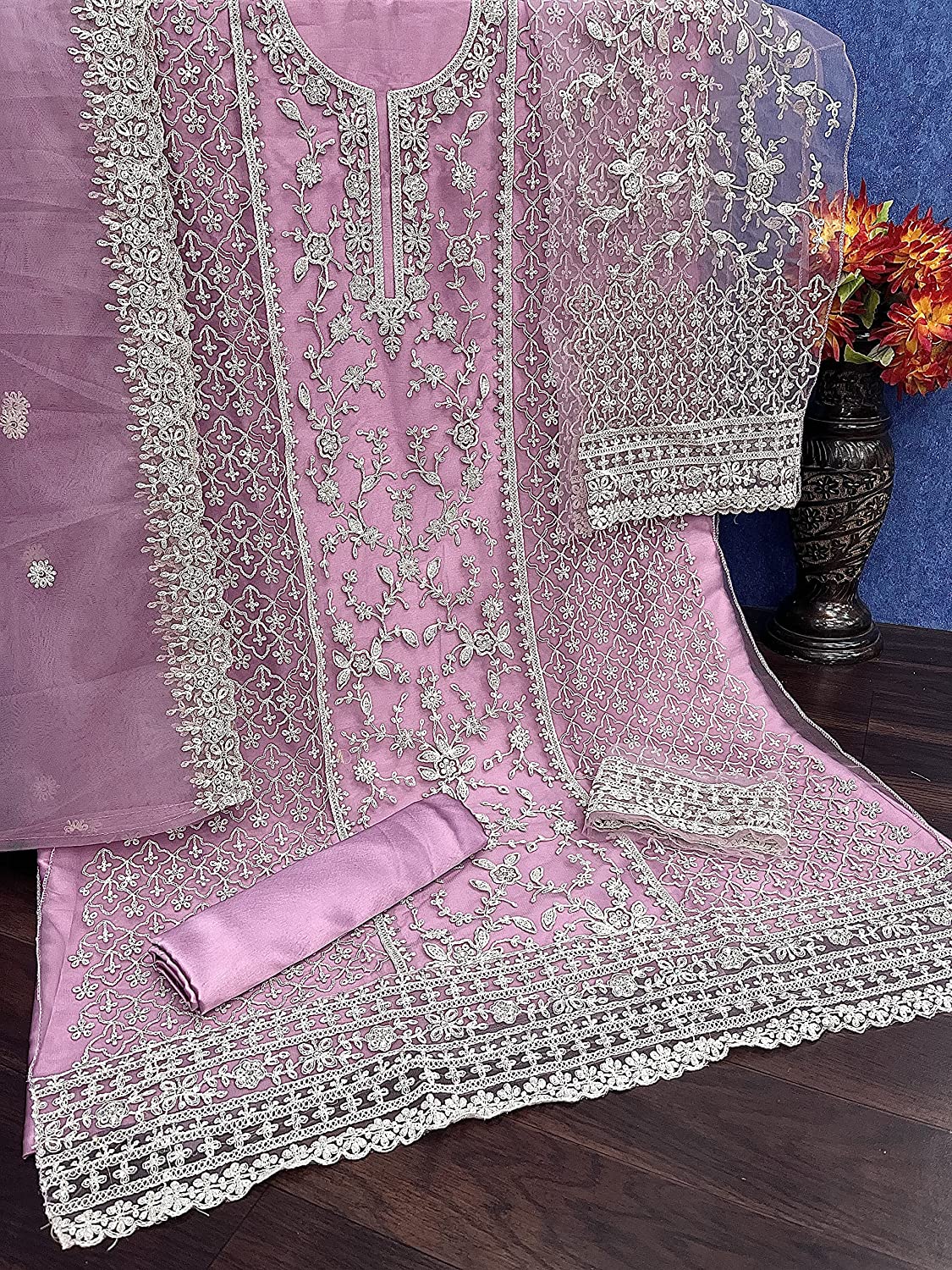 Beautiful Sky White Floral Print Kurta Palazzo & Dupatta Set, Women Straight Kurta Pant Set, Pakistani 3 Piece Shalwar Kameez Readymade Set