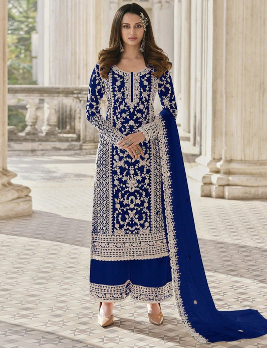 Beautiful Blue White Floral Print Kurta Palazzo & Dupatta Set, Women Straight Kurta Pant Set, Pakistani 3 Piece Shalwar Kameez Readymade Set