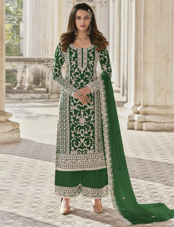 Beautiful Green White Floral Print Kurta Palazzo & Dupatta Set, Women Straight Kurta Pant Set, Pakistani 3 Piece Shalwar Kameez Readymade Set