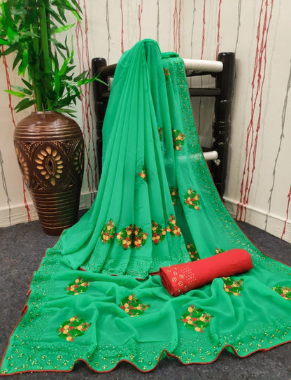 Green Georgette Embroidery Work  With Banglory Silk Blouse Beutiful Simple look Saree for Womens